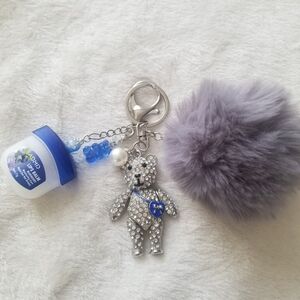 Sparkling Bedazzled Teddy Bear Keychain with Fluffy Gray Pom Pom